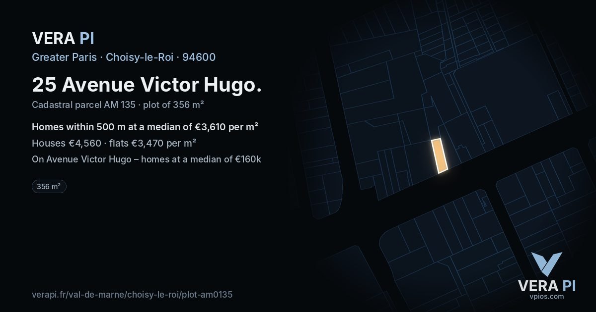 25 Avenue Victor Hugo, Choisy-le-Roi at night – the plot lit, the parcels around coloured by the prices near them
