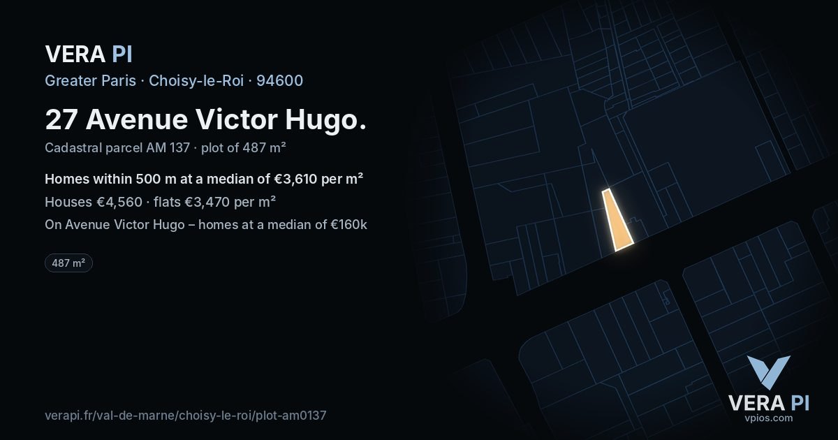 27 Avenue Victor Hugo, Choisy-le-Roi at night – the plot lit, the parcels around coloured by the prices near them