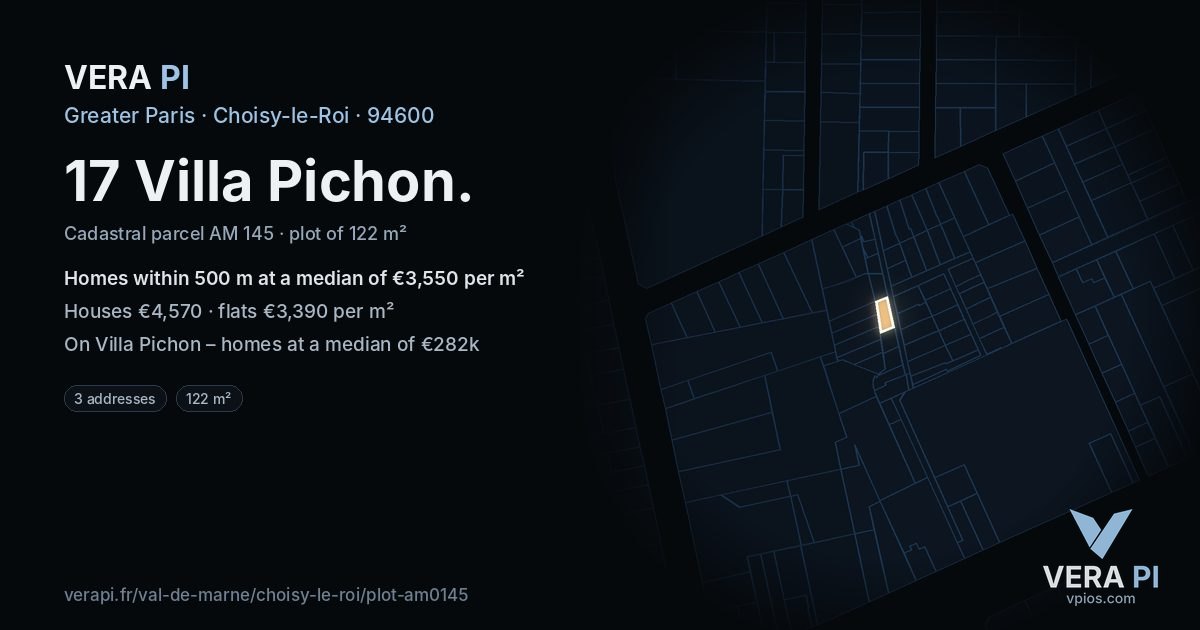 17 Villa Pichon, Choisy-le-Roi at night – the plot lit, the parcels around coloured by the prices near them