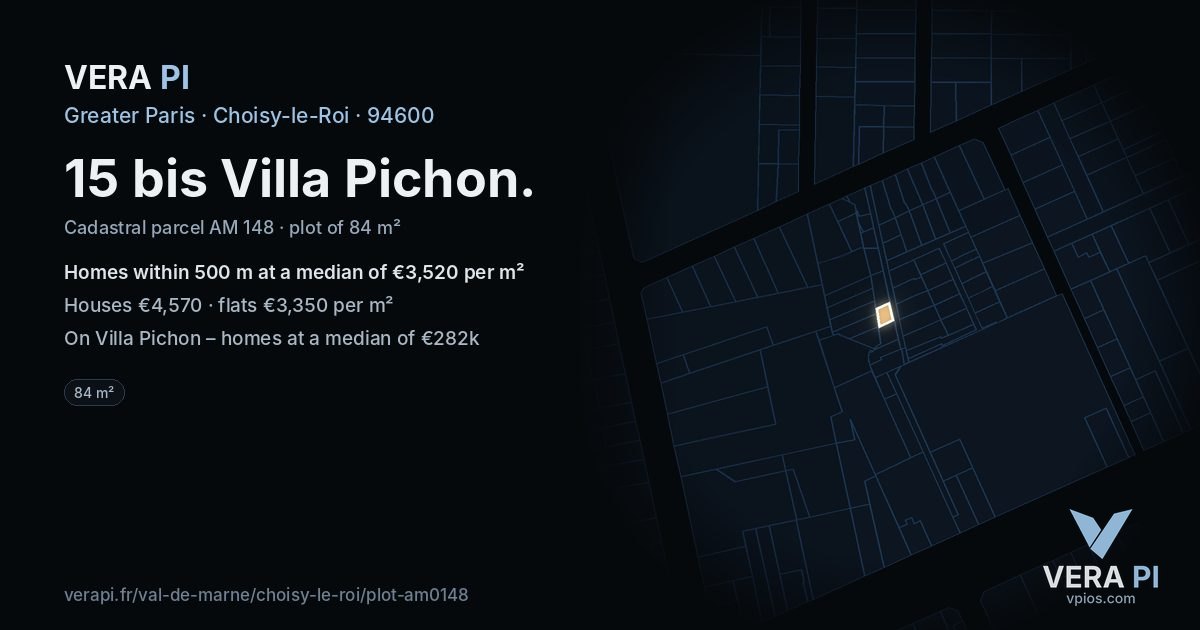 15 bis Villa Pichon, Choisy-le-Roi at night – the plot lit, the parcels around coloured by the prices near them