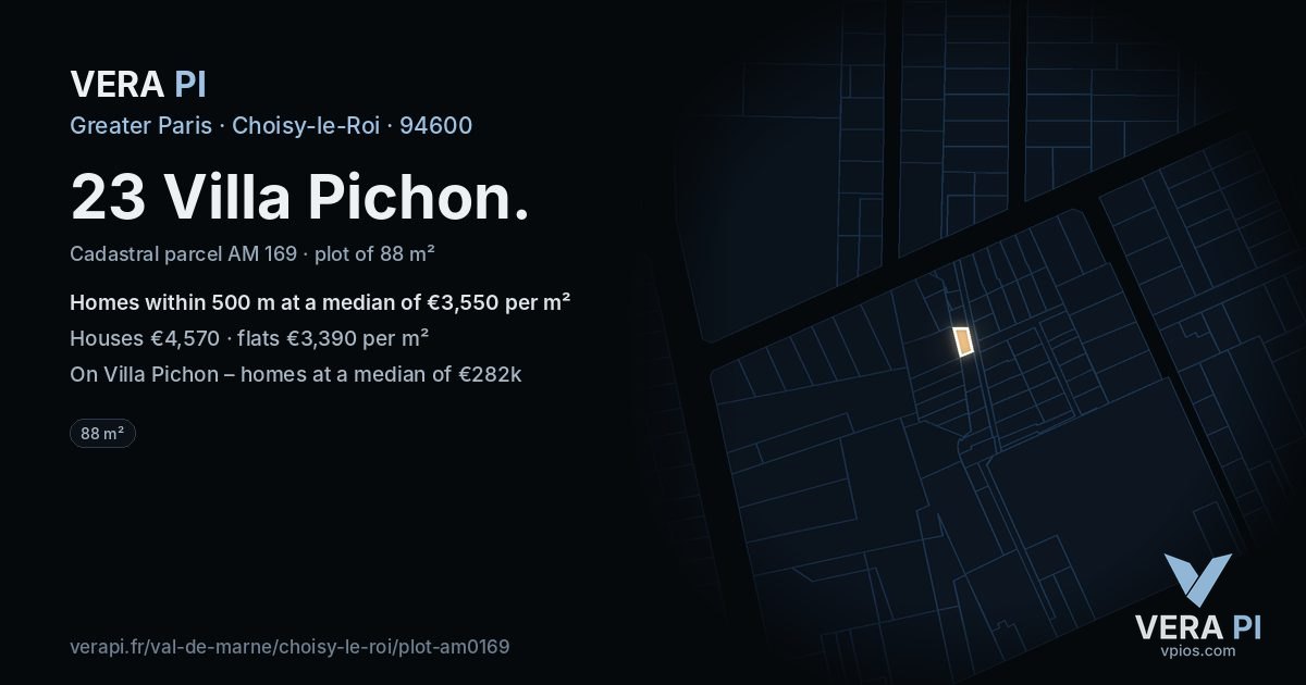 23 Villa Pichon, Choisy-le-Roi at night – the plot lit, the parcels around coloured by the prices near them