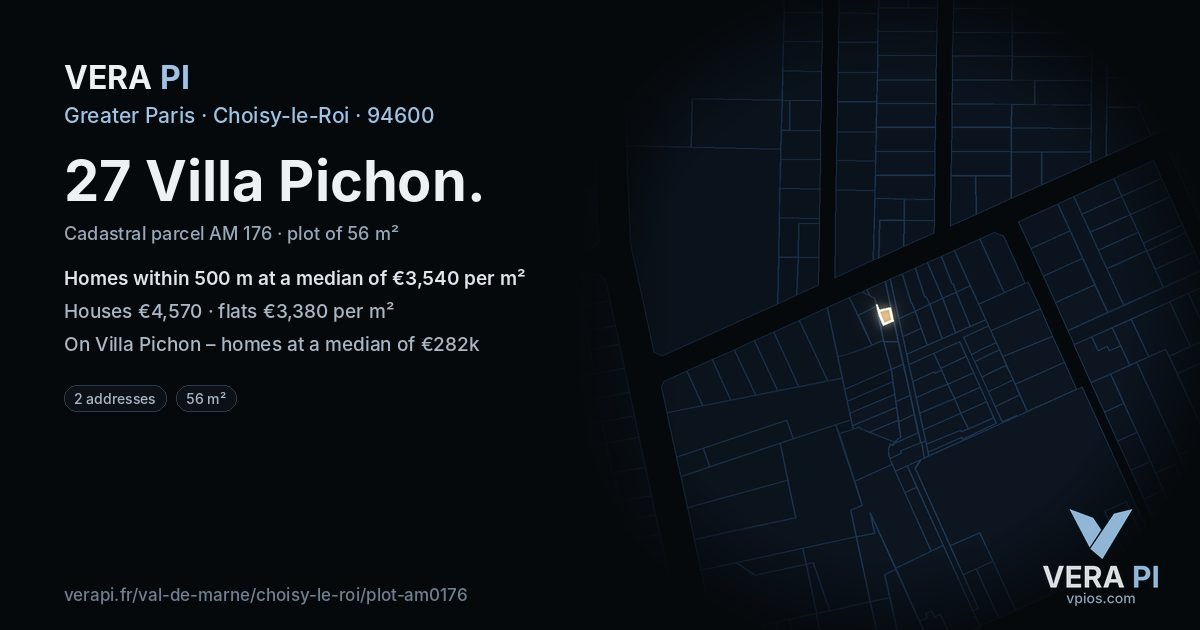 27 Villa Pichon, Choisy-le-Roi at night – the plot lit, the parcels around coloured by the prices near them