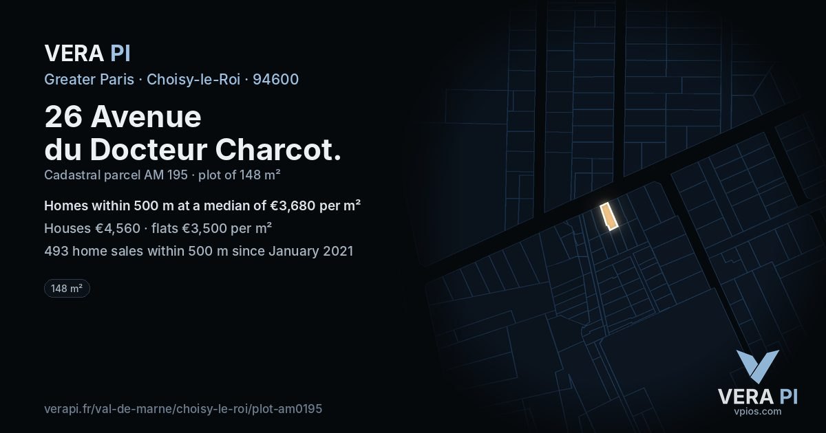 26 Avenue du Docteur Charcot, Choisy-le-Roi at night – the plot lit, the parcels around coloured by the prices near them