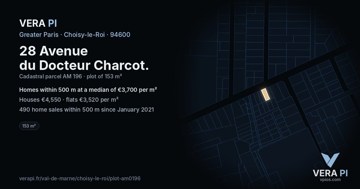28 Avenue du Docteur Charcot, Choisy-le-Roi at night – the plot lit, the parcels around coloured by the prices near them