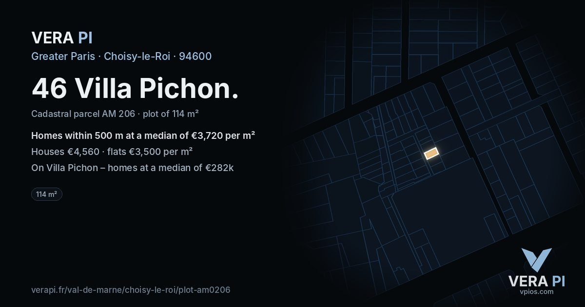 46 Villa Pichon, Choisy-le-Roi at night – the plot lit, the parcels around coloured by the prices near them