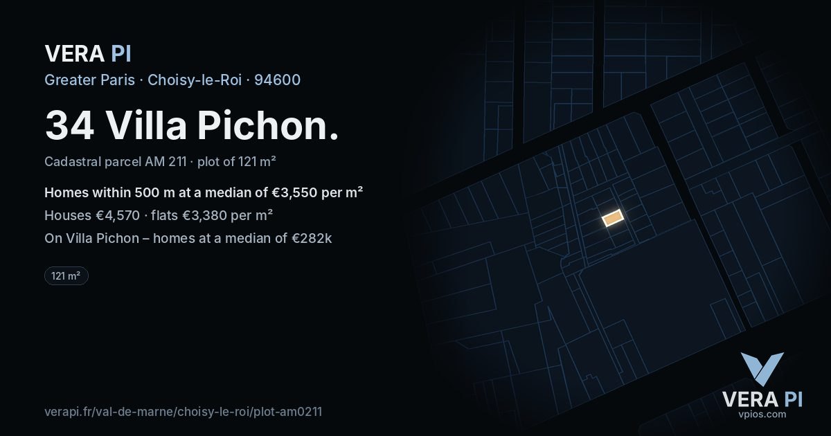 34 Villa Pichon, Choisy-le-Roi at night – the plot lit, the parcels around coloured by the prices near them