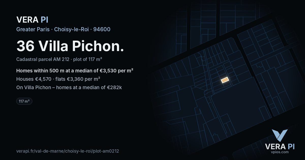 36 Villa Pichon, Choisy-le-Roi at night – the plot lit, the parcels around coloured by the prices near them