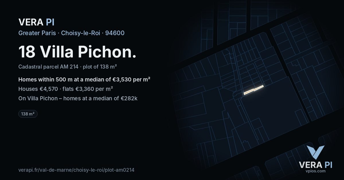 18 Villa Pichon, Choisy-le-Roi at night – the plot lit, the parcels around coloured by the prices near them