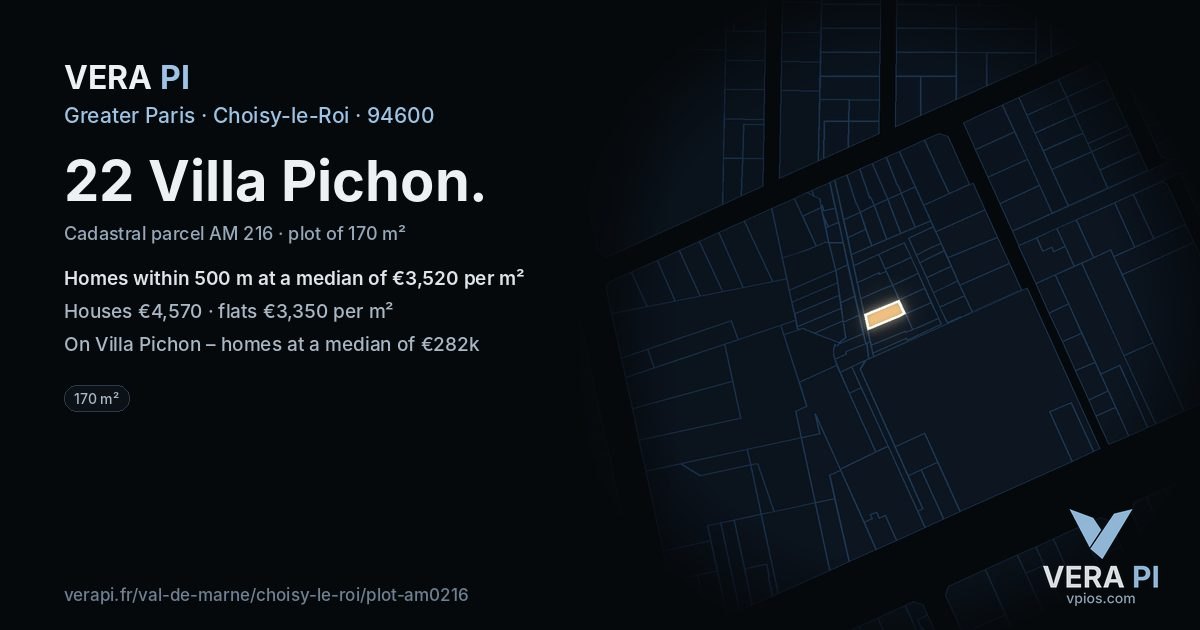 22 Villa Pichon, Choisy-le-Roi at night – the plot lit, the parcels around coloured by the prices near them