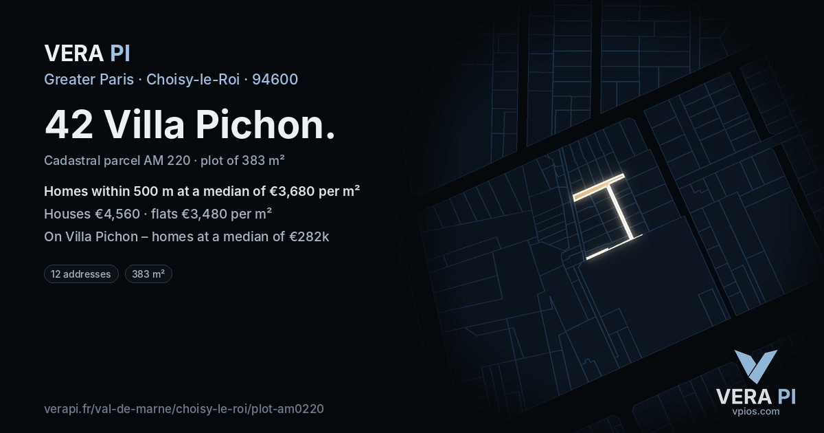 42 Villa Pichon, Choisy-le-Roi at night – the plot lit, the parcels around coloured by the prices near them