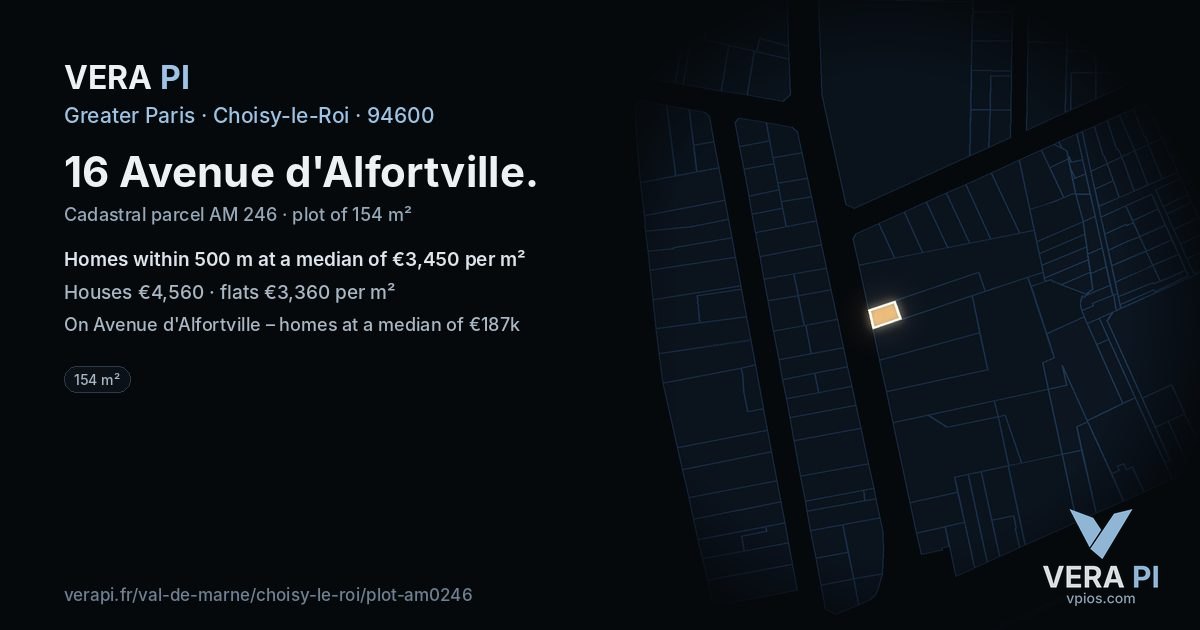 16 Avenue d'Alfortville, Choisy-le-Roi at night – the plot lit, the parcels around coloured by the prices near them