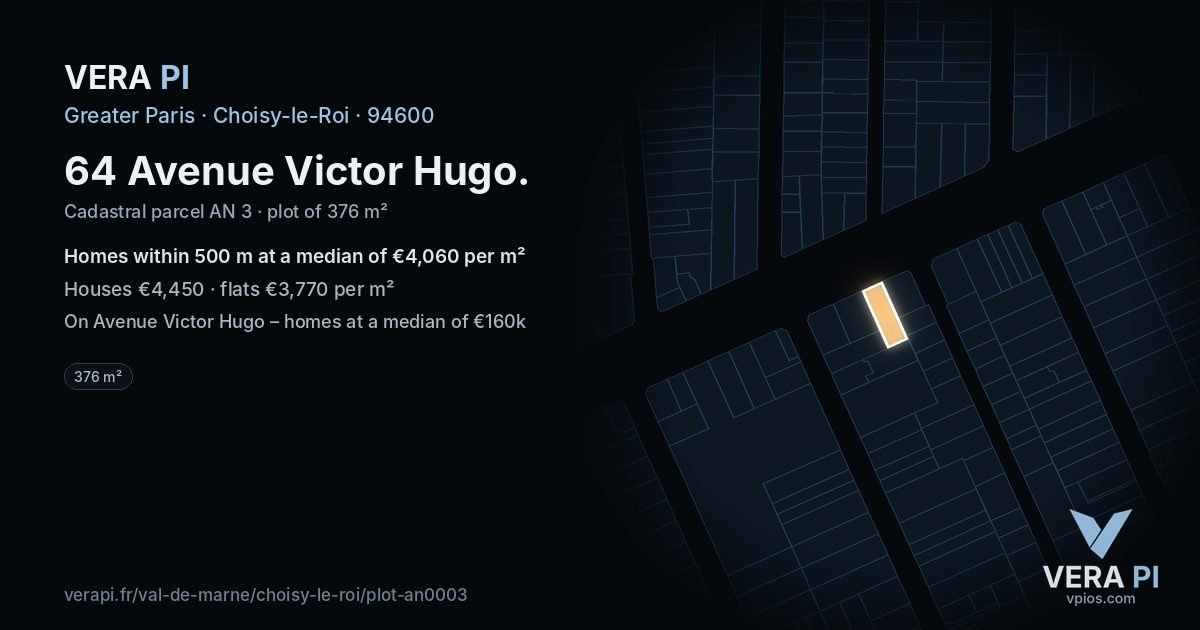 64 Avenue Victor Hugo, Choisy-le-Roi at night – the plot lit, the parcels around coloured by the prices near them