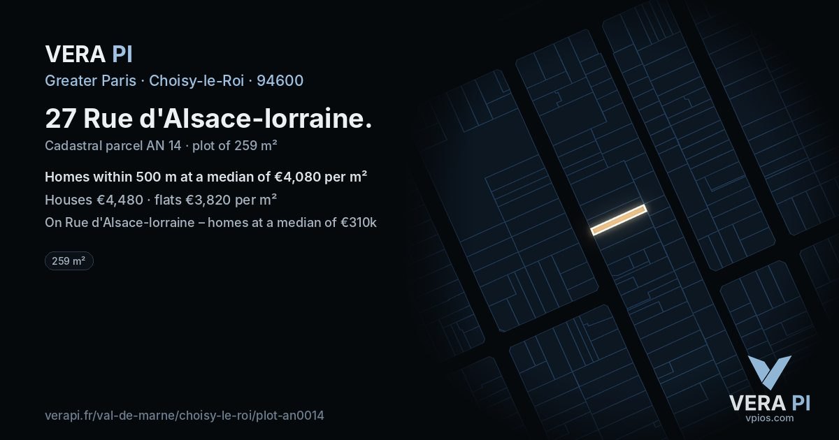 27 Rue d'Alsace-lorraine, Choisy-le-Roi at night – the plot lit, the parcels around coloured by the prices near them
