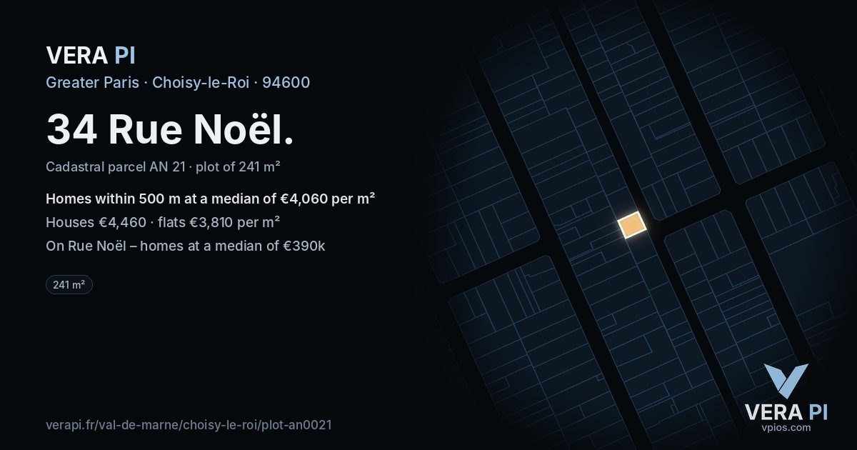 34 Rue Noël, Choisy-le-Roi at night – the plot lit, the parcels around coloured by the prices near them