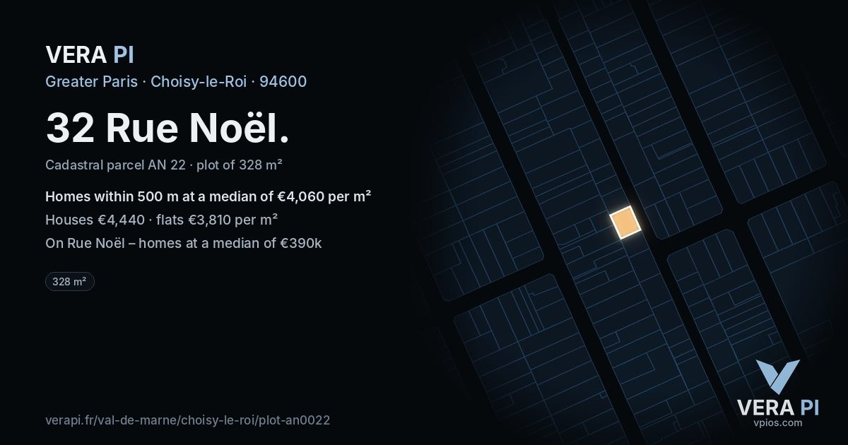 32 Rue Noël, Choisy-le-Roi at night – the plot lit, the parcels around coloured by the prices near them