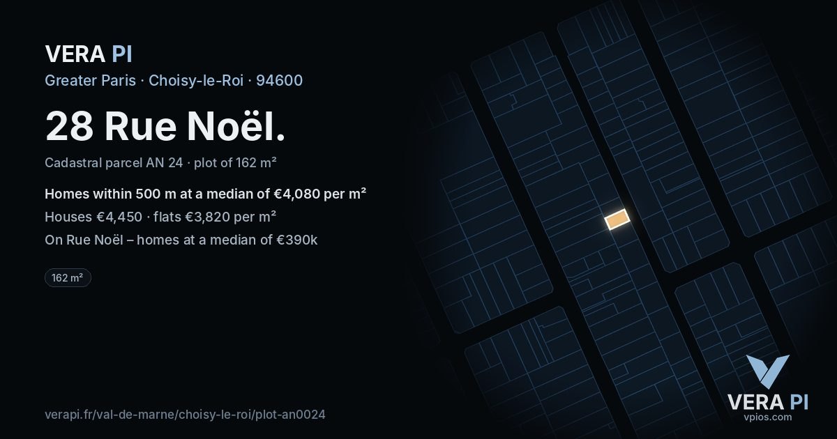 28 Rue Noël, Choisy-le-Roi at night – the plot lit, the parcels around coloured by the prices near them