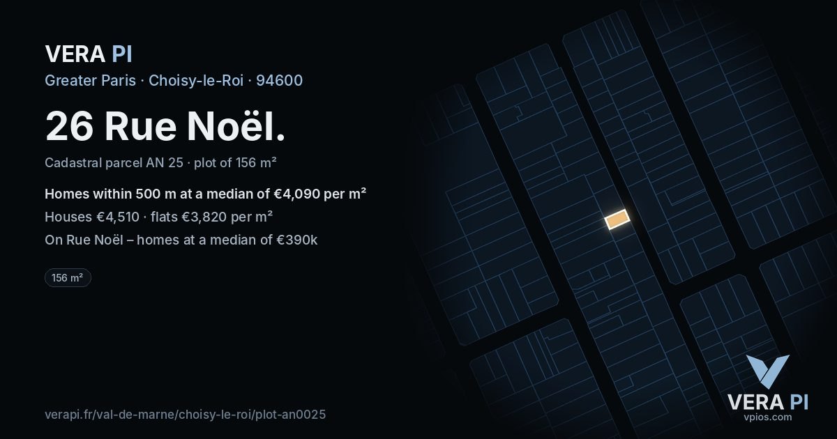 26 Rue Noël, Choisy-le-Roi at night – the plot lit, the parcels around coloured by the prices near them