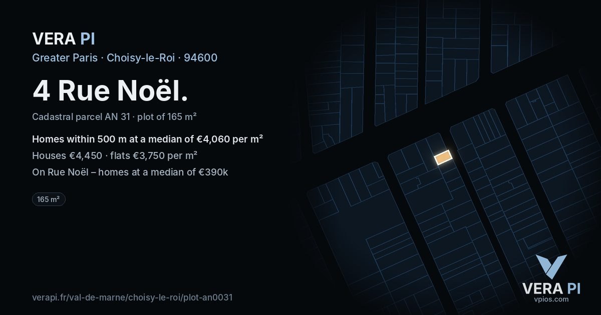 4 Rue Noël, Choisy-le-Roi at night – the plot lit, the parcels around coloured by the prices near them