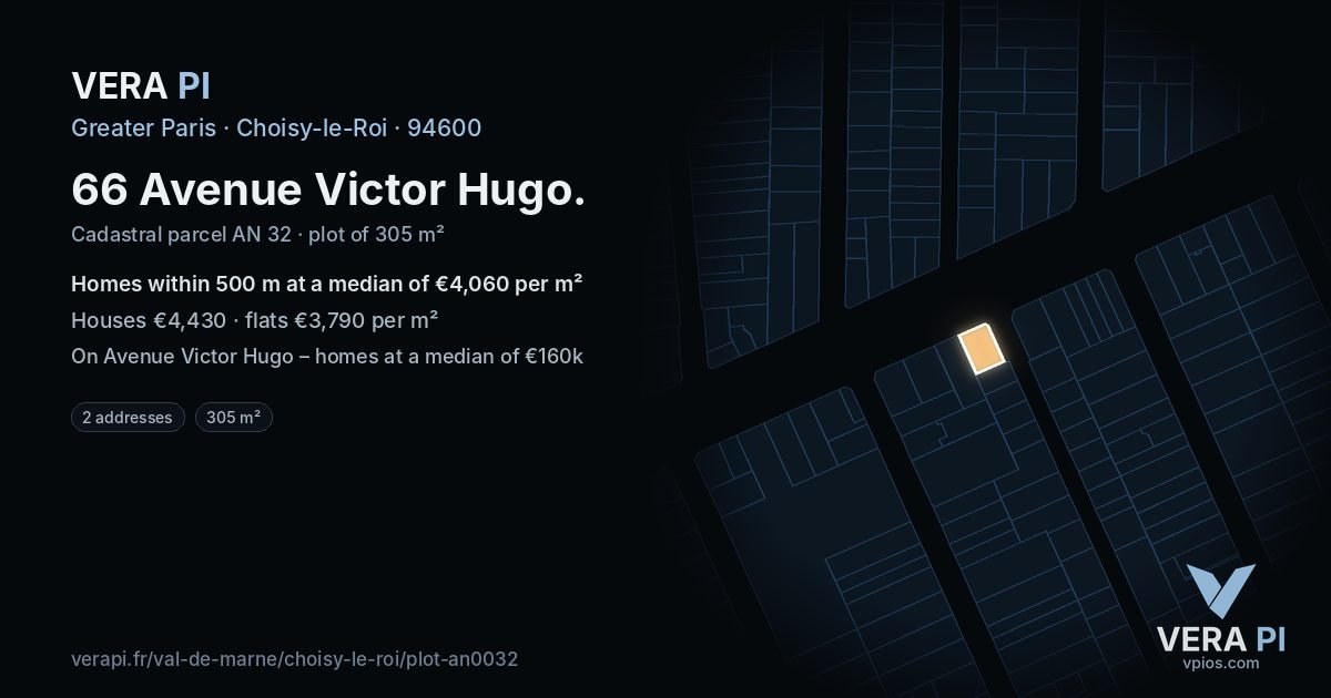 66 Avenue Victor Hugo, Choisy-le-Roi at night – the plot lit, the parcels around coloured by the prices near them