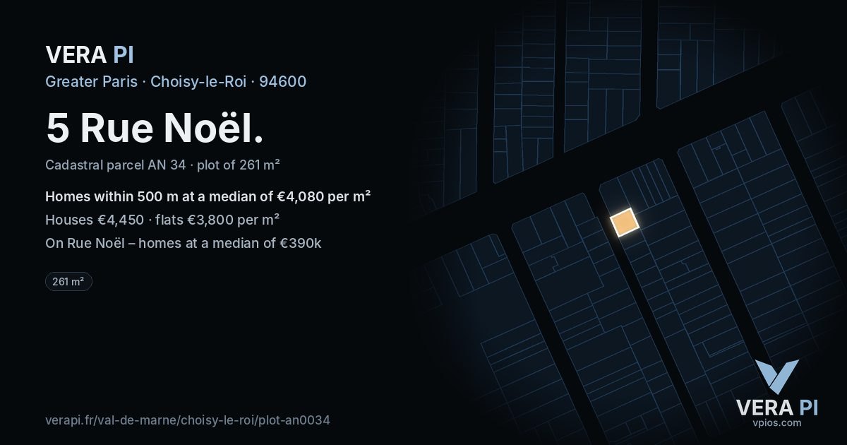 5 Rue Noël, Choisy-le-Roi at night – the plot lit, the parcels around coloured by the prices near them