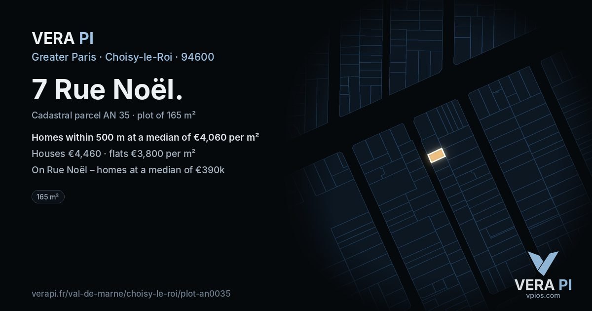 7 Rue Noël, Choisy-le-Roi at night – the plot lit, the parcels around coloured by the prices near them