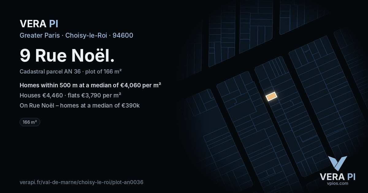 9 Rue Noël, Choisy-le-Roi at night – the plot lit, the parcels around coloured by the prices near them