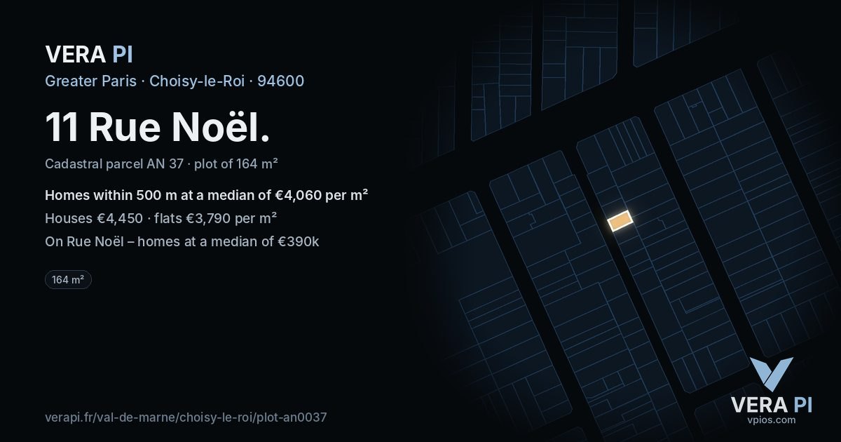 11 Rue Noël, Choisy-le-Roi at night – the plot lit, the parcels around coloured by the prices near them
