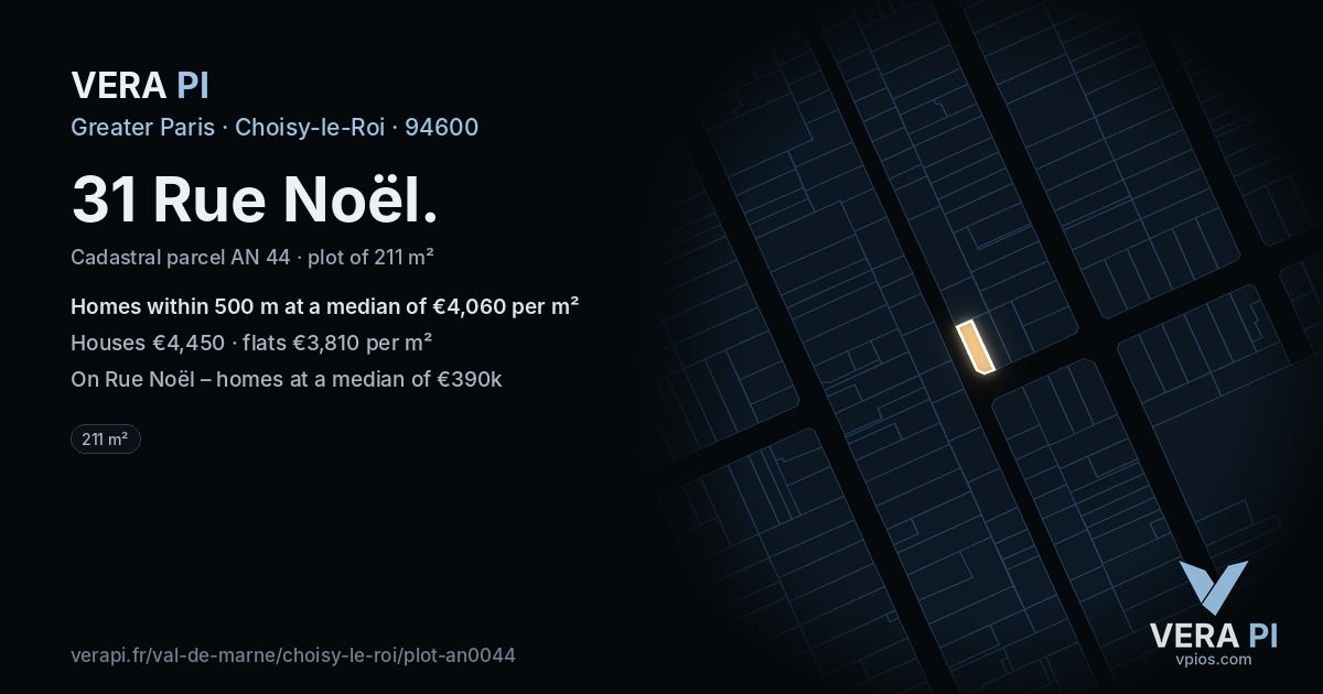 31 Rue Noël, Choisy-le-Roi at night – the plot lit, the parcels around coloured by the prices near them