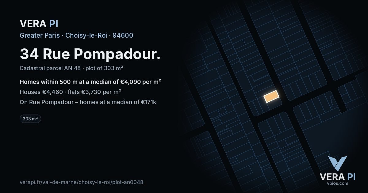 34 Rue Pompadour, Choisy-le-Roi at night – the plot lit, the parcels around coloured by the prices near them
