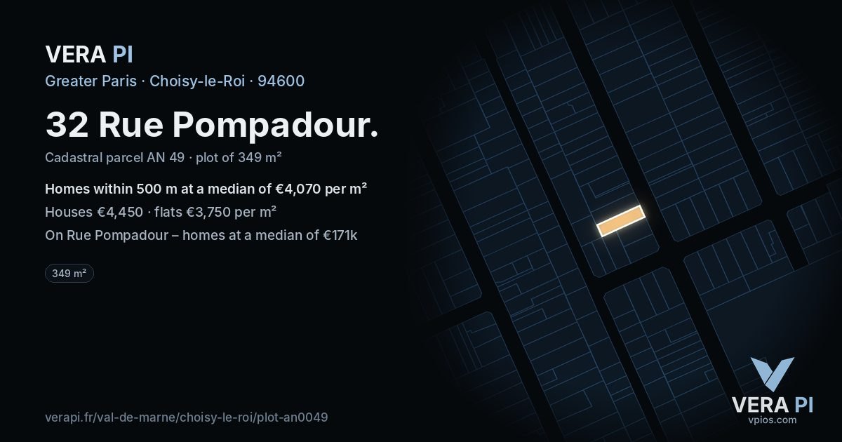 32 Rue Pompadour, Choisy-le-Roi at night – the plot lit, the parcels around coloured by the prices near them