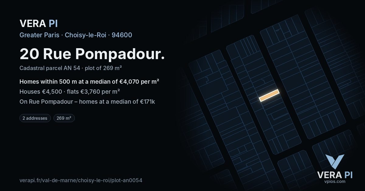 20 Rue Pompadour, Choisy-le-Roi at night – the plot lit, the parcels around coloured by the prices near them
