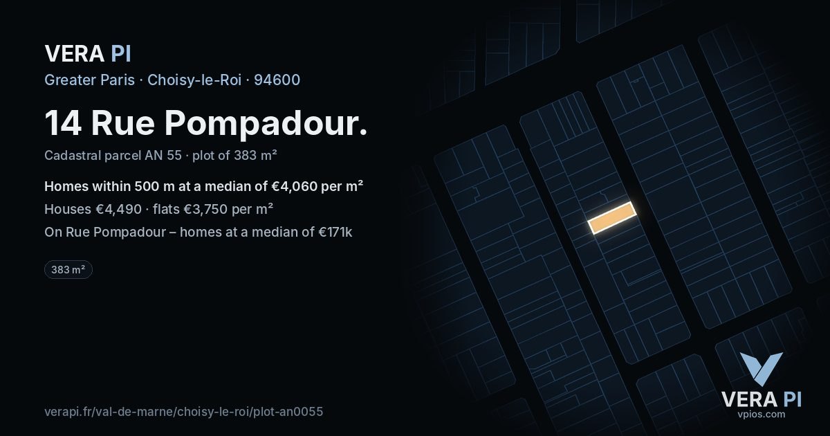 14 Rue Pompadour, Choisy-le-Roi at night – the plot lit, the parcels around coloured by the prices near them