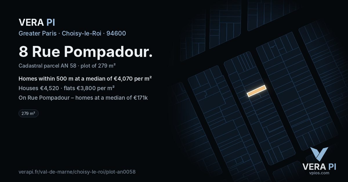 8 Rue Pompadour, Choisy-le-Roi at night – the plot lit, the parcels around coloured by the prices near them