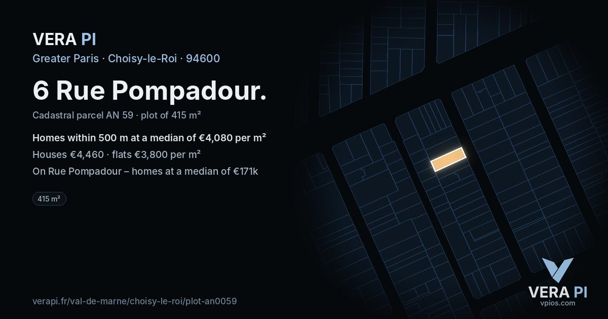 6 Rue Pompadour, Choisy-le-Roi at night – the plot lit, the parcels around coloured by the prices near them
