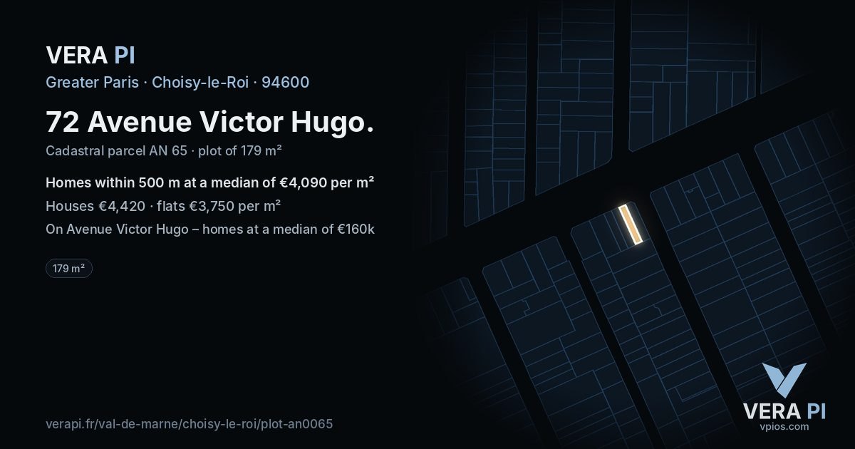 72 Avenue Victor Hugo, Choisy-le-Roi at night – the plot lit, the parcels around coloured by the prices near them