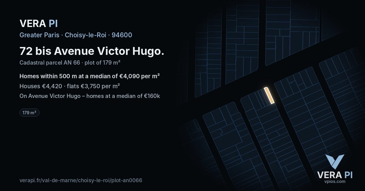 72 bis Avenue Victor Hugo, Choisy-le-Roi at night – the plot lit, the parcels around coloured by the prices near them