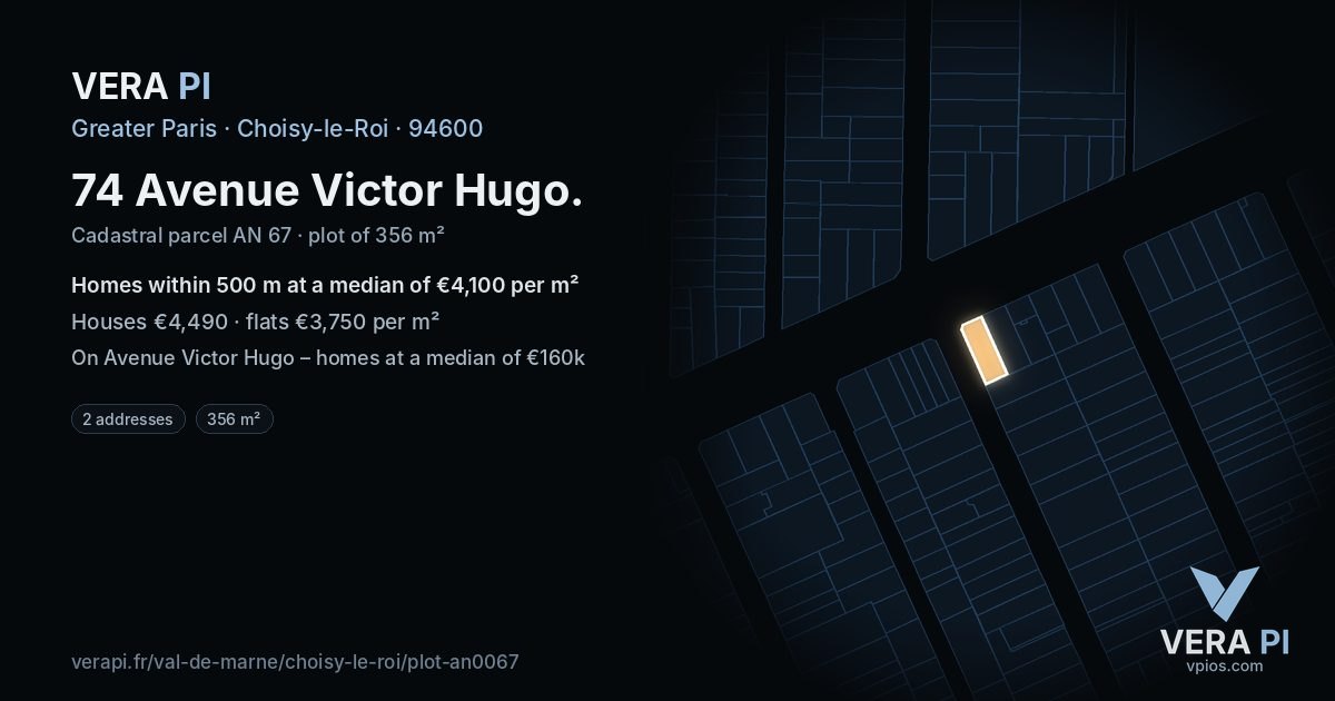 74 Avenue Victor Hugo, Choisy-le-Roi at night – the plot lit, the parcels around coloured by the prices near them