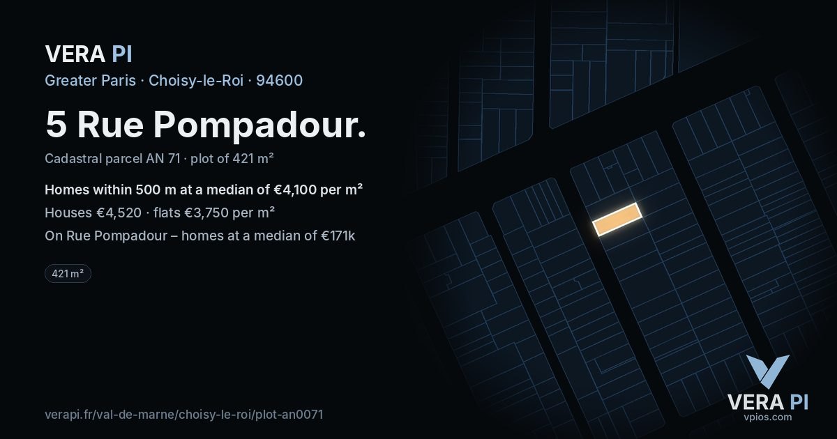 5 Rue Pompadour, Choisy-le-Roi at night – the plot lit, the parcels around coloured by the prices near them
