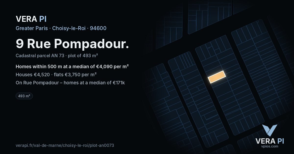 9 Rue Pompadour, Choisy-le-Roi at night – the plot lit, the parcels around coloured by the prices near them