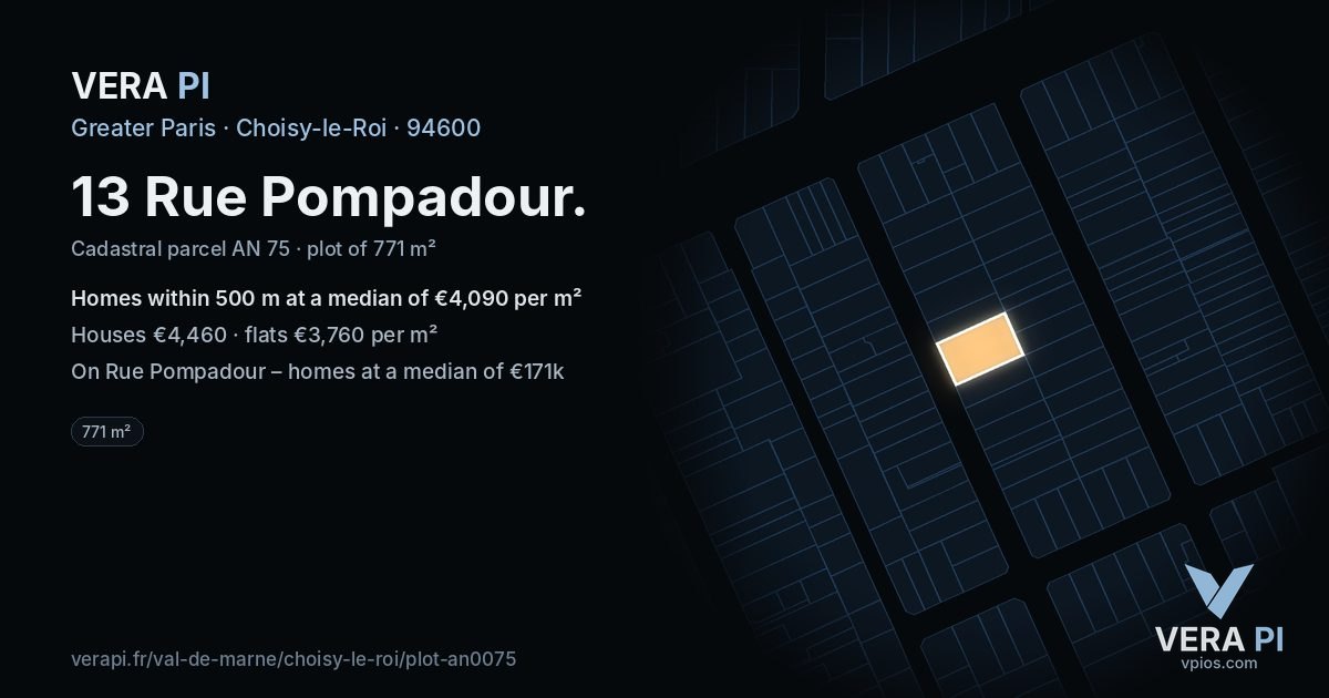 13 Rue Pompadour, Choisy-le-Roi at night – the plot lit, the parcels around coloured by the prices near them