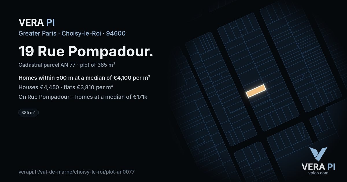19 Rue Pompadour, Choisy-le-Roi at night – the plot lit, the parcels around coloured by the prices near them