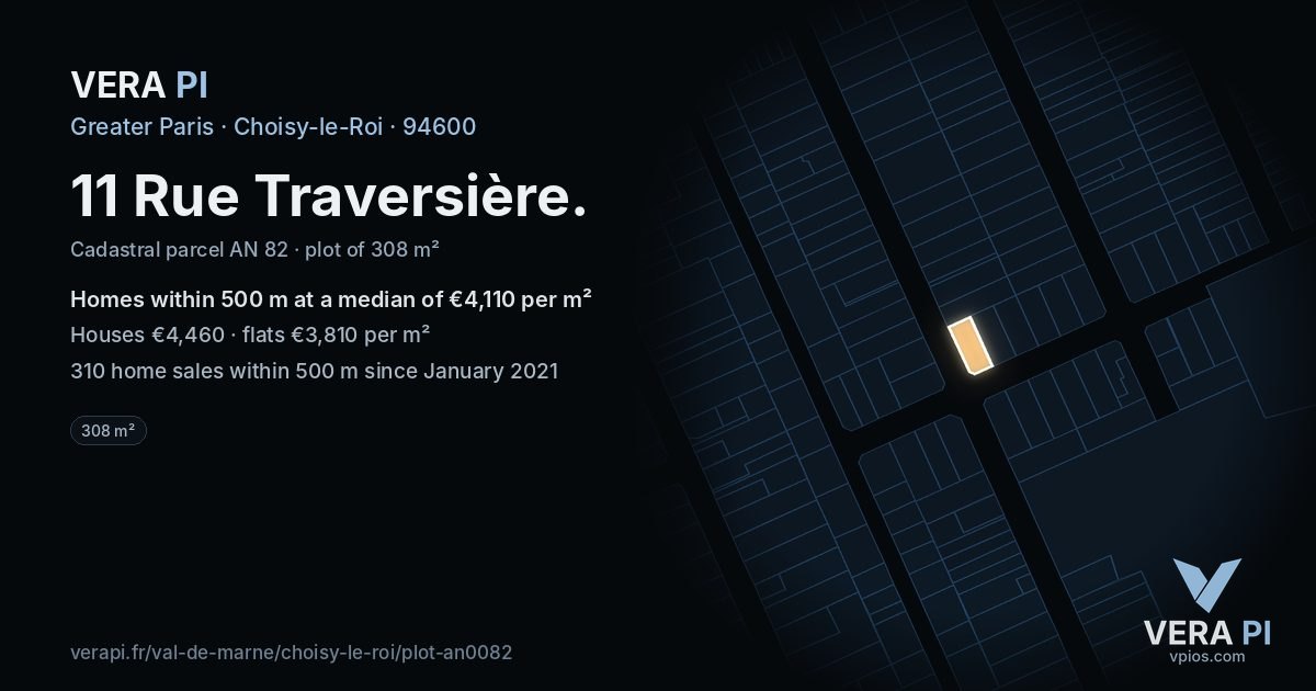 11 Rue Traversière, Choisy-le-Roi at night – the plot lit, the parcels around coloured by the prices near them