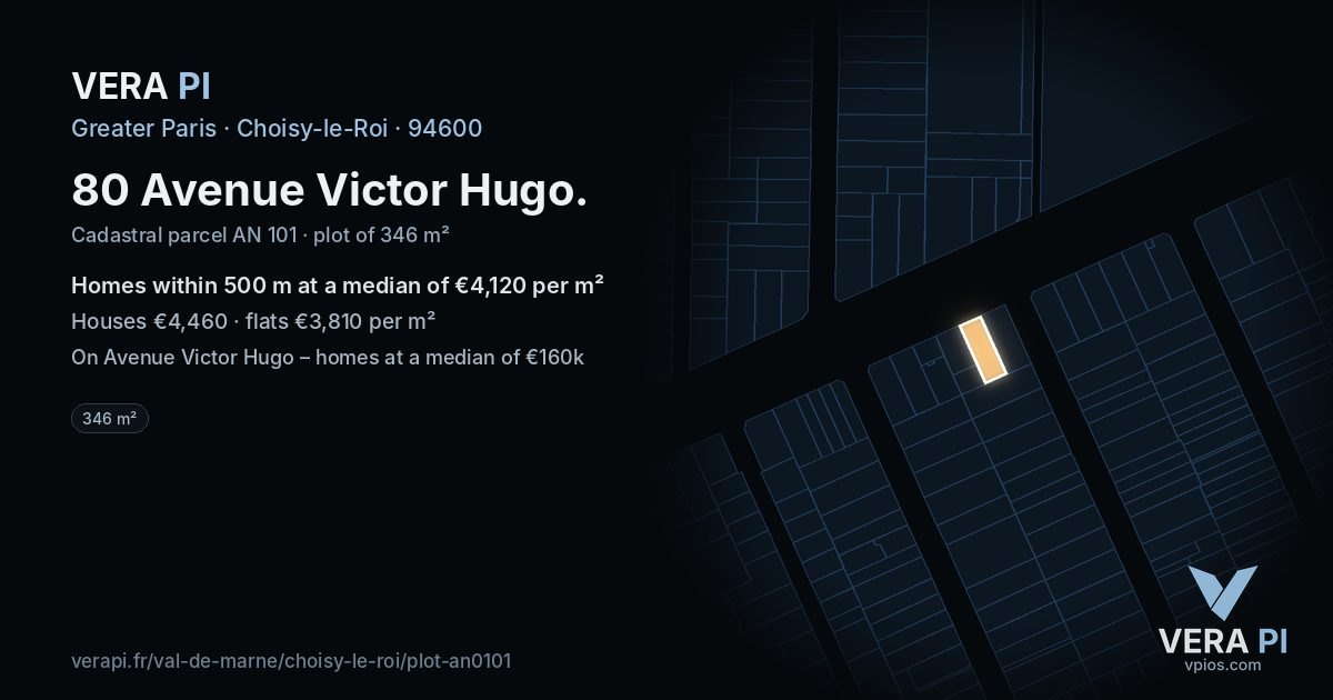 80 Avenue Victor Hugo, Choisy-le-Roi at night – the plot lit, the parcels around coloured by the prices near them