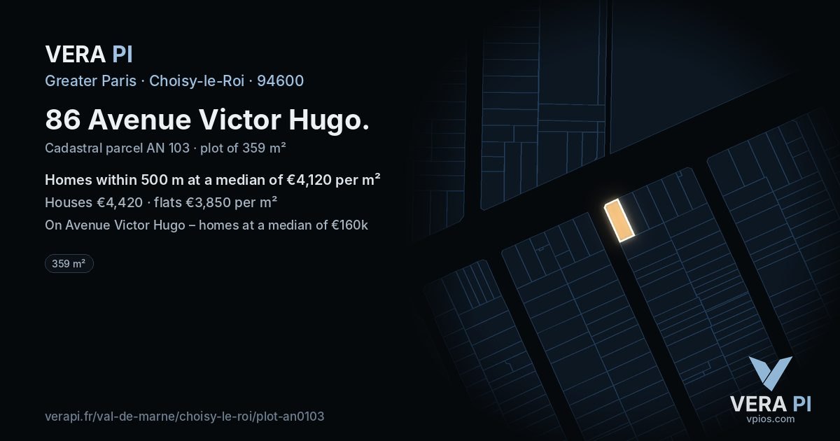 86 Avenue Victor Hugo, Choisy-le-Roi at night – the plot lit, the parcels around coloured by the prices near them