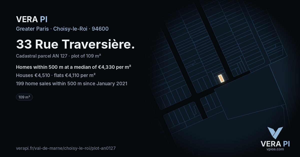 33 Rue Traversière, Choisy-le-Roi at night – the plot lit, the parcels around coloured by the prices near them
