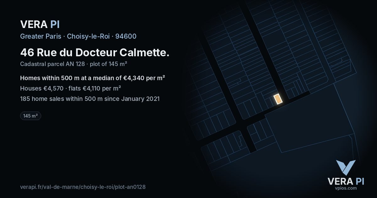 46 Rue du Docteur Calmette, Choisy-le-Roi at night – the plot lit, the parcels around coloured by the prices near them