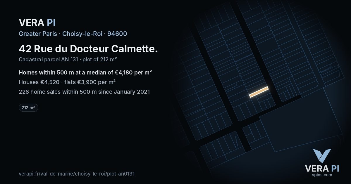 42 Rue du Docteur Calmette, Choisy-le-Roi at night – the plot lit, the parcels around coloured by the prices near them
