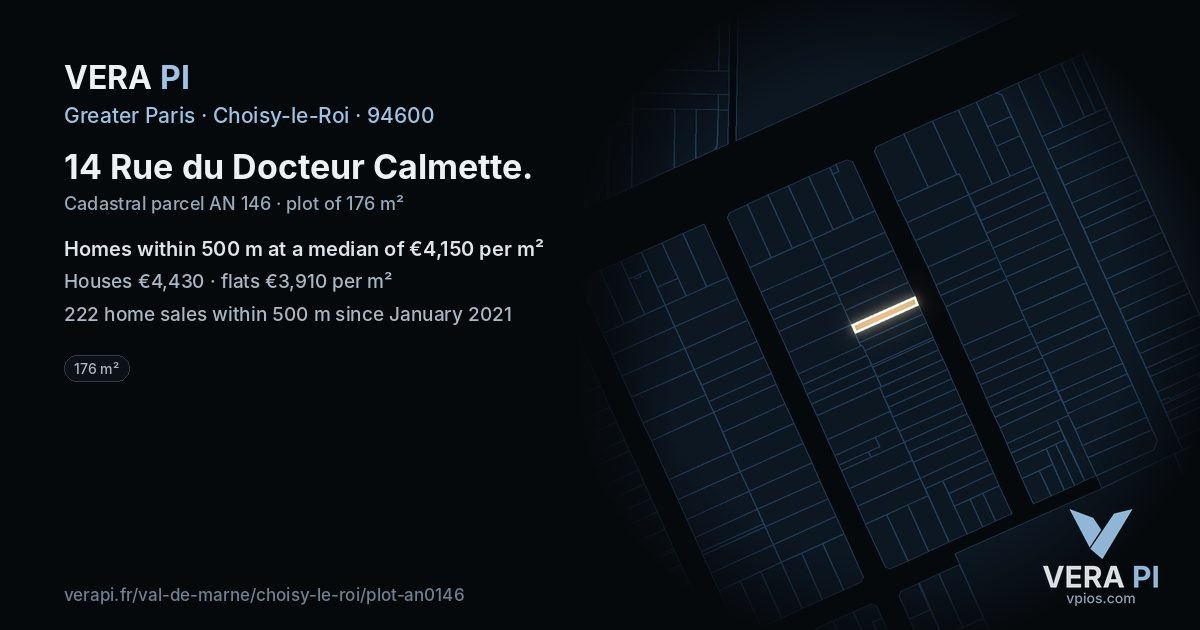 14 Rue du Docteur Calmette, Choisy-le-Roi at night – the plot lit, the parcels around coloured by the prices near them