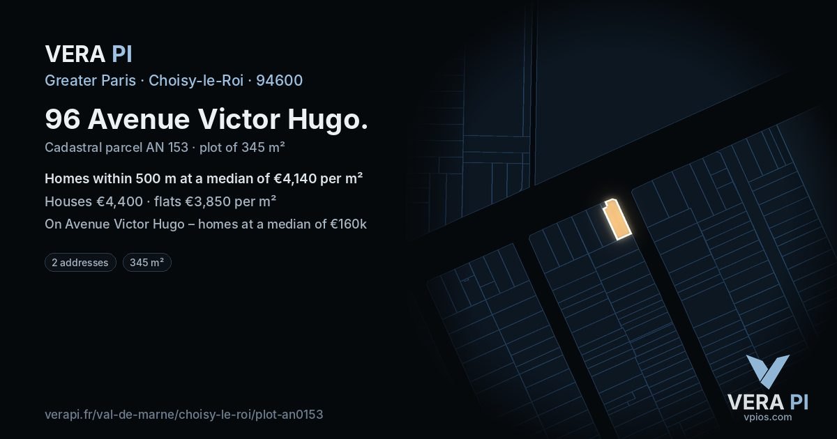 96 Avenue Victor Hugo, Choisy-le-Roi at night – the plot lit, the parcels around coloured by the prices near them