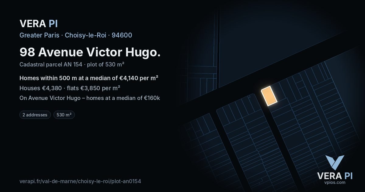 98 Avenue Victor Hugo, Choisy-le-Roi at night – the plot lit, the parcels around coloured by the prices near them